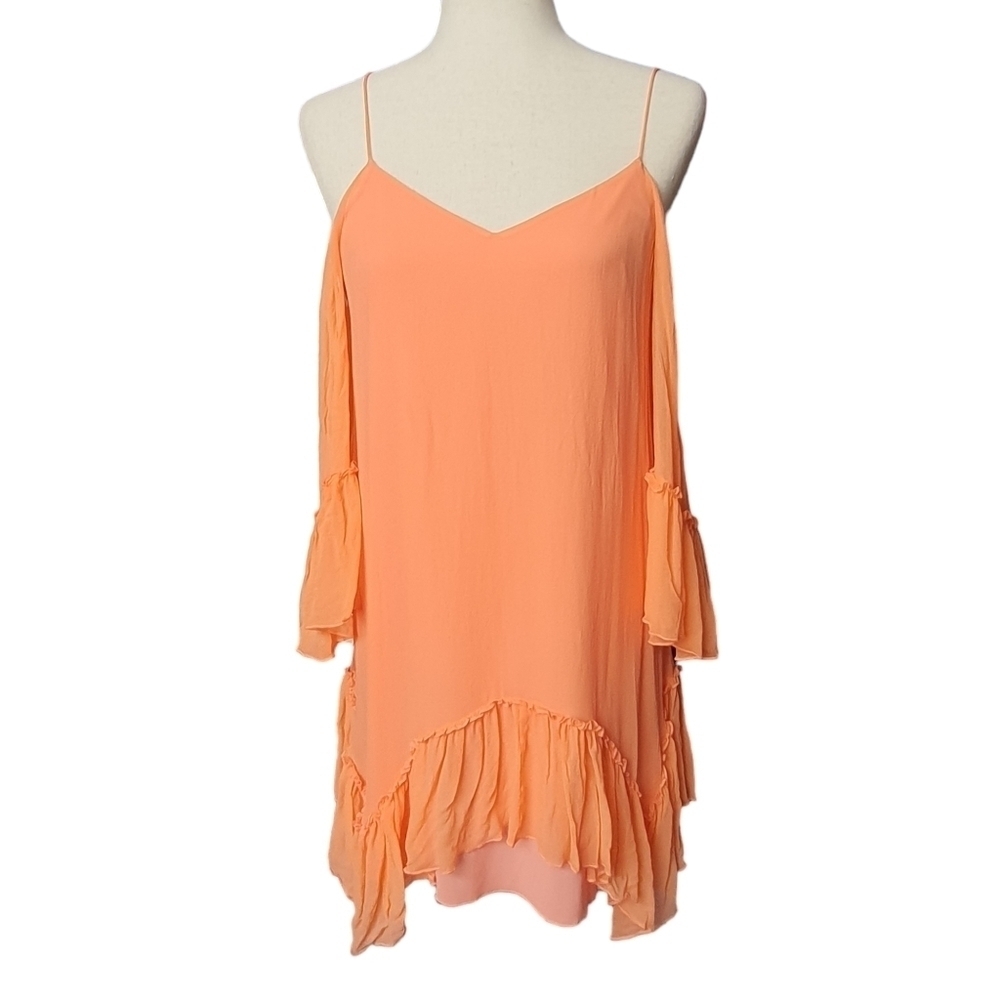Alice + Olivia Silk Dress Mini Cold Shoulder Ruffle Dress (S) Coral Oversized